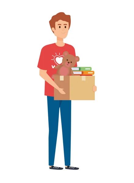 Молодий чоловік волонтер ліфтинг коробка пожертвувань — стоковий вектор