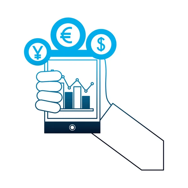 Mano con gráfico de teléfonos inteligentes monedas de negocios dólar euro yen — Archivo Imágenes Vectoriales