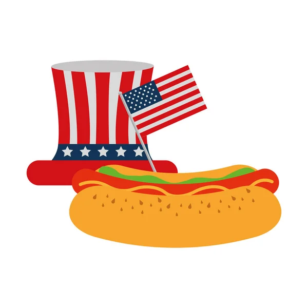 Hot Dog mit Hutfahne amerikanisches Essen Feier — Stockvektor