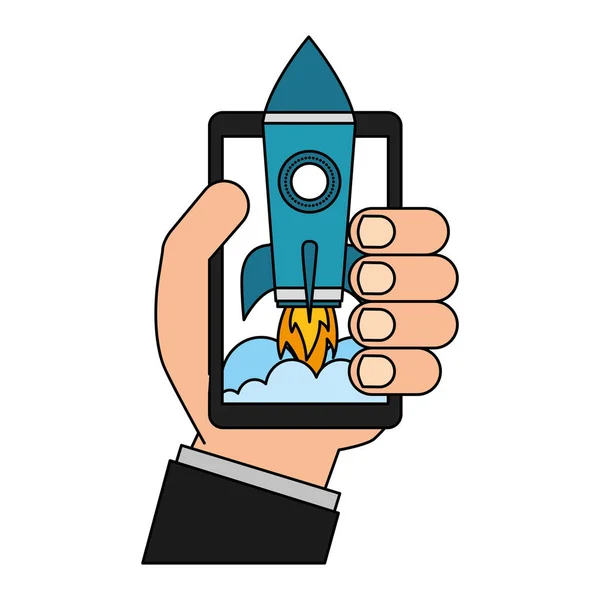 Mano y smartphone con cohete de arranque — Archivo Imágenes Vectoriales