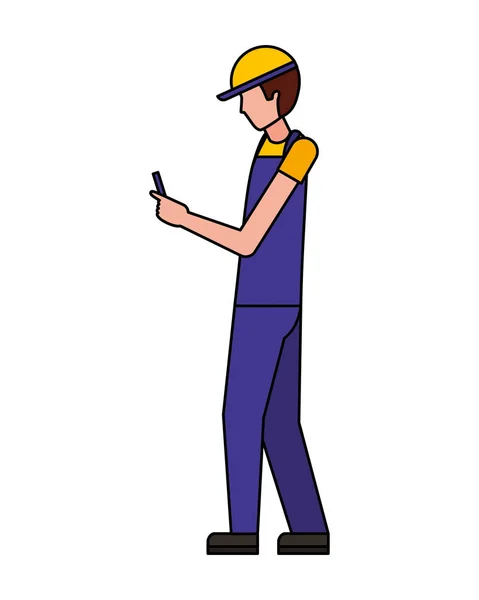 Arbets tagaren använder mobil telefon bär sport mössa och Uniform — Stock vektor