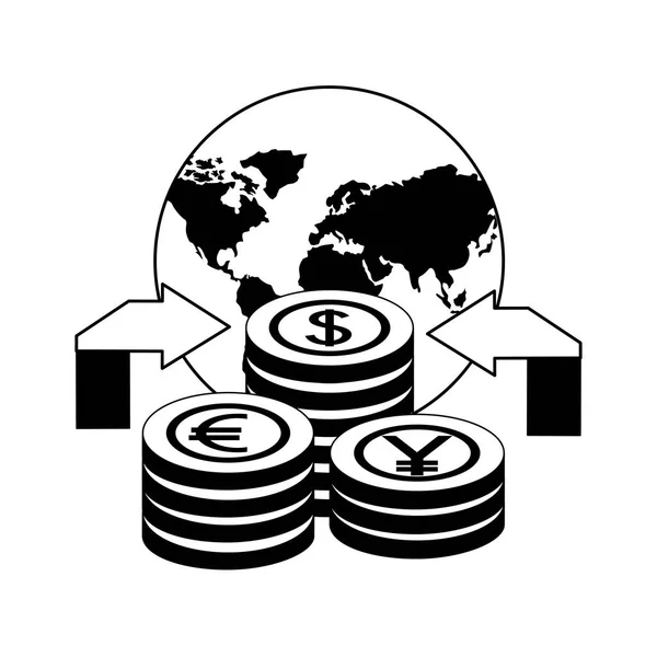 Dollar euro en yen Business met planeet — Stockvector