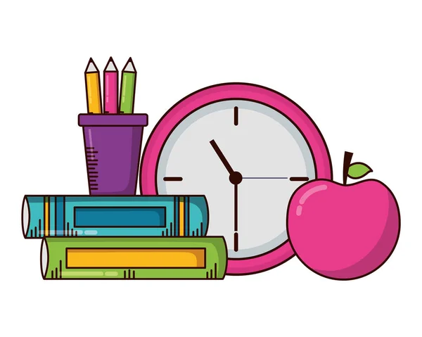 Libros de manzana reloj escolar — Archivo Imágenes Vectoriales