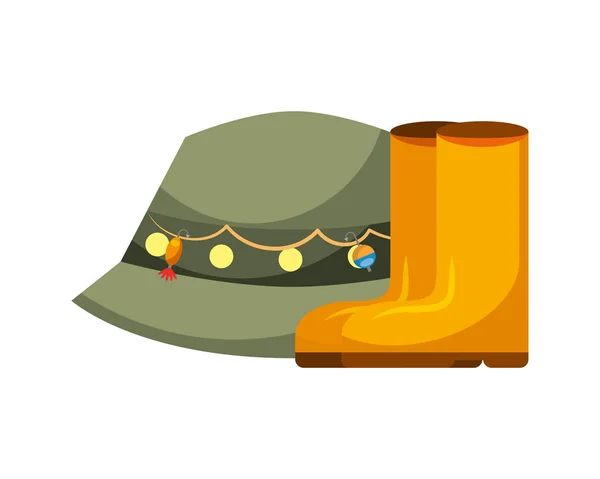 Sombrero de pesca y botas de goma equipo hobby — Vector de stock