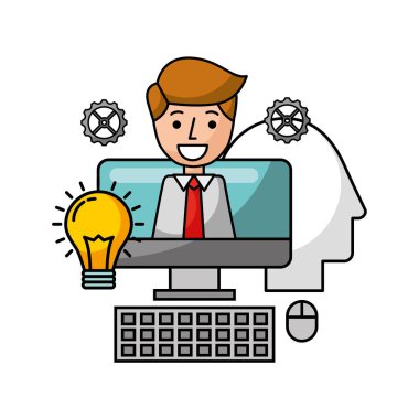 işadamı ve simgeler ile masaüstü bilgisayar