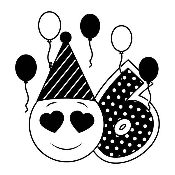 Aniversário emoticon festa chapéu balões e seis número —  Vetores de Stock