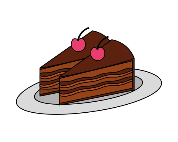 Söt tårta skiva med körsbär frukt isolerad ikon — Stock vektor
