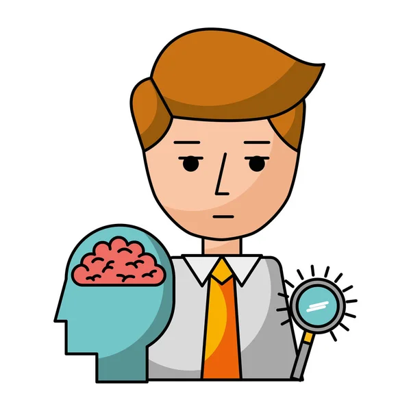 Businessman with magnifying glass and brain — Stock Vector