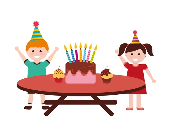 Šťastný chlapec a dívka narozeninový dort na stole — Stockový vektor