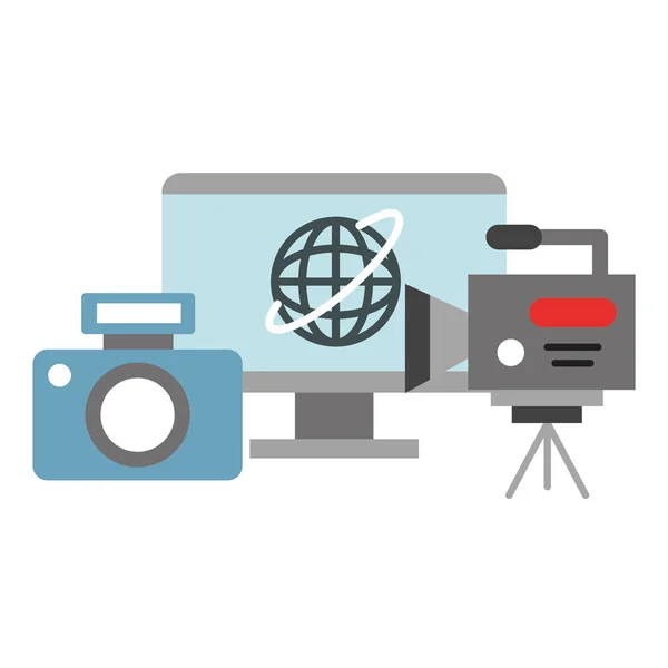 Photographic camera computer video recorder broadcast breaking news — Stock Vector