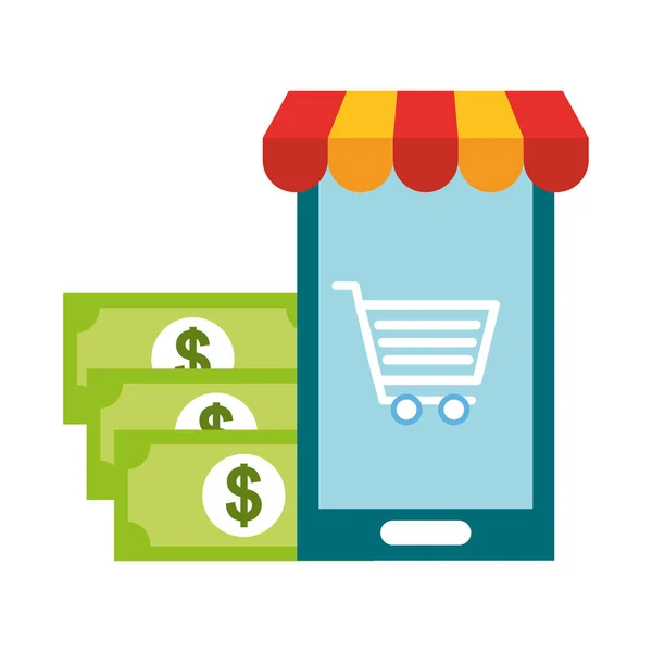 Smartphone Warenkorb Banknoten Geld Online-Shopping — Stockvektor