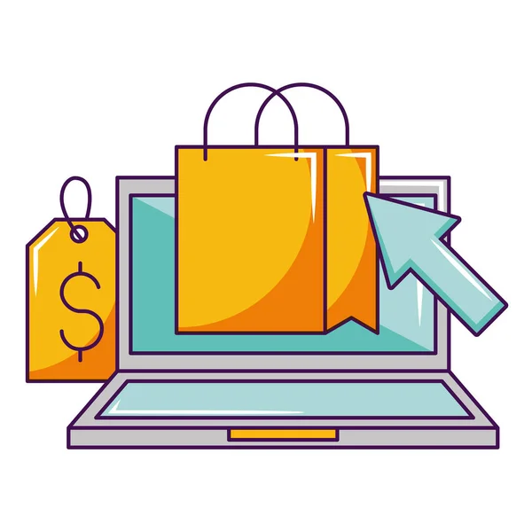 Laptop online shopping bag tag prezzo — Vettoriale Stock