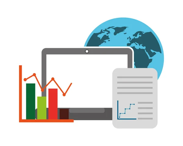 Ordinateur portable avec statistiques graphiques et icônes set — Image vectorielle