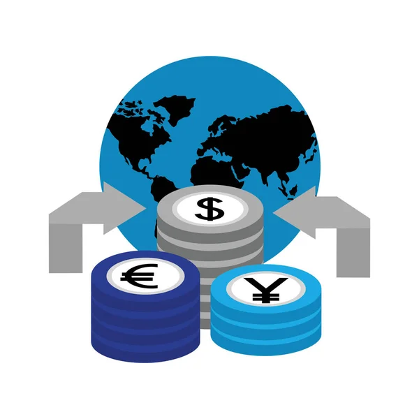 Dollaro euro e yen business con il pianeta — Vettoriale Stock