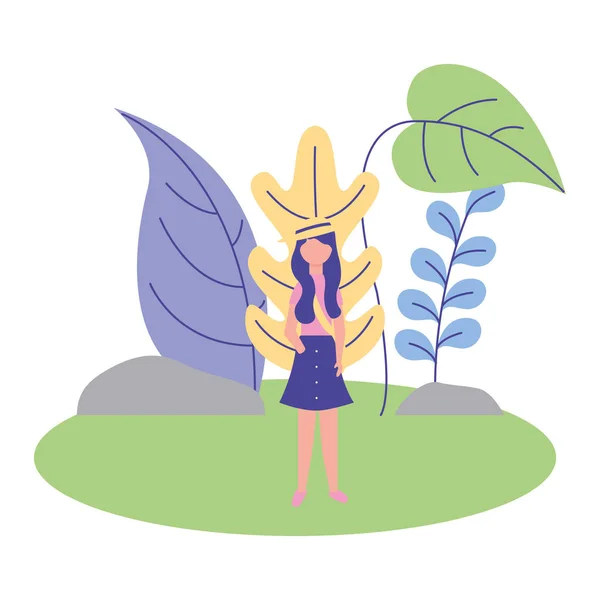 Joven mujer en escena naturaleza aislado icono — Vector de stock