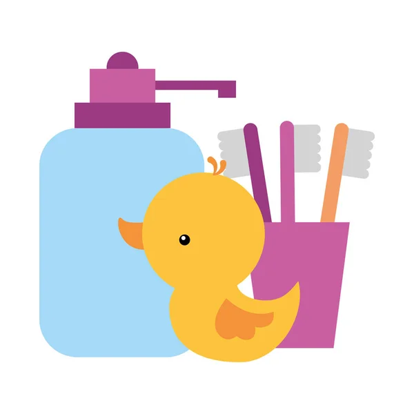 Rubber duck liquid soap and brushes bathroom — Stock Vector