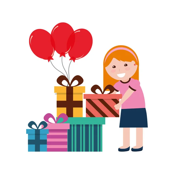 Fille heureuse tenant des ballons et des cadeaux d'anniversaire — Image vectorielle