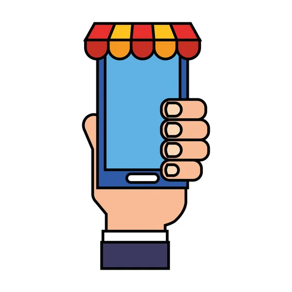 Mão segurando loja de smartphones compras on-line —  Vetores de Stock