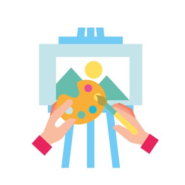 eller renk paleti ve tahta üzerinde fırça ile boyama