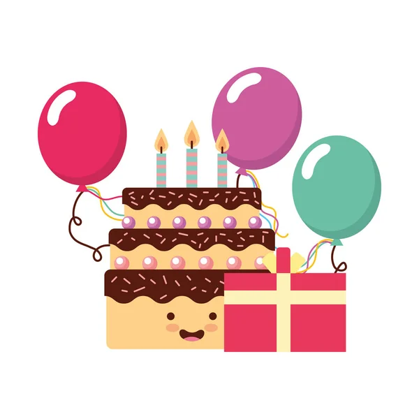 Születésnapi Kawaii torta ajándék léggömb fél — Stock Vector