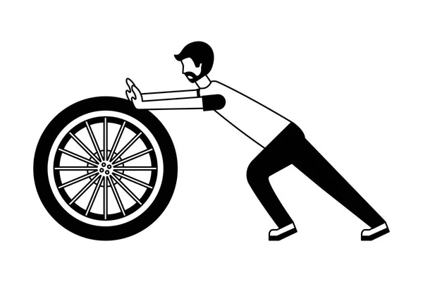 Young man pushing tire car isolated icon — 스톡 벡터