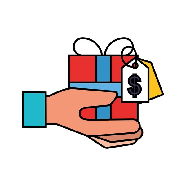 Рука тримає подарунок з тегом ціна онлайн покупки — стоковий вектор