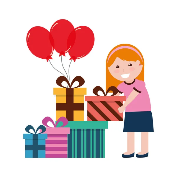 Fille heureuse tenant des ballons et des cadeaux d'anniversaire — Image vectorielle