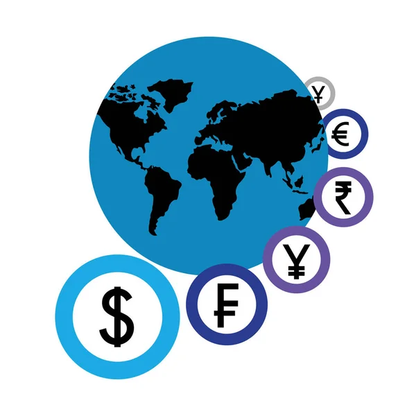 Svět s mincemi měny kolem obchodu — Stockový vektor