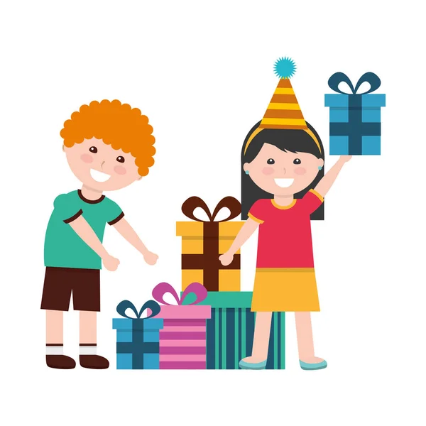 Happy boy and girl with birthday gifts celebration — Stock Vector