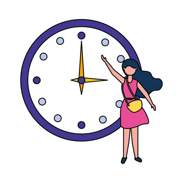Mujer mostrando gran reloj redondo — Archivo Imágenes Vectoriales