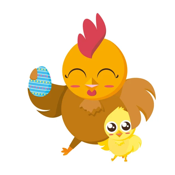 Beautiful hen with egg painted and chick — Stock Vector