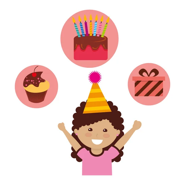 Menina feliz com bolo de presente de aniversário e cupcake —  Vetores de Stock