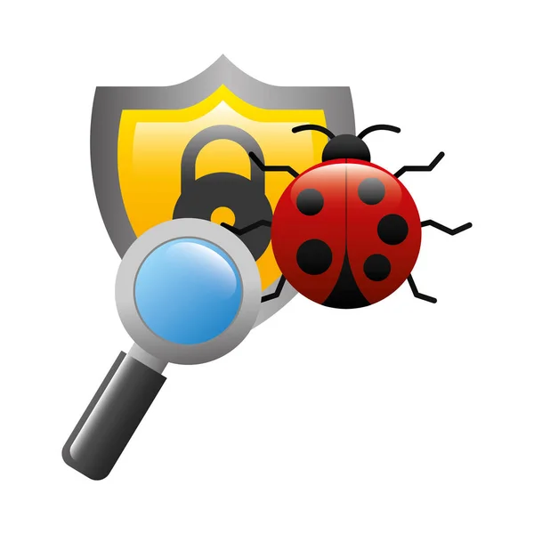 Shield with virus atack and magnifying glass — Stock Vector