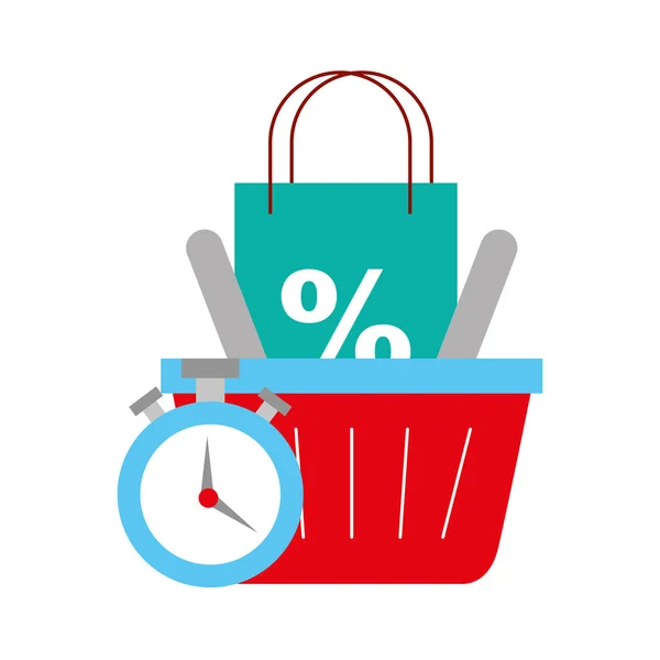Compras online logística relógio cesta saco porcentagem — Vetor de Stock