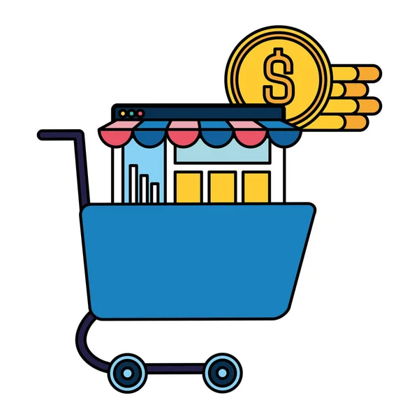 Carrito de compras con monedas icono aislado — Archivo Imágenes Vectoriales