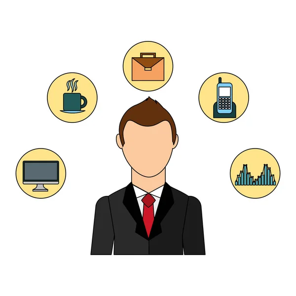 Businessman elegant with set icons avatar character — Stock Vector