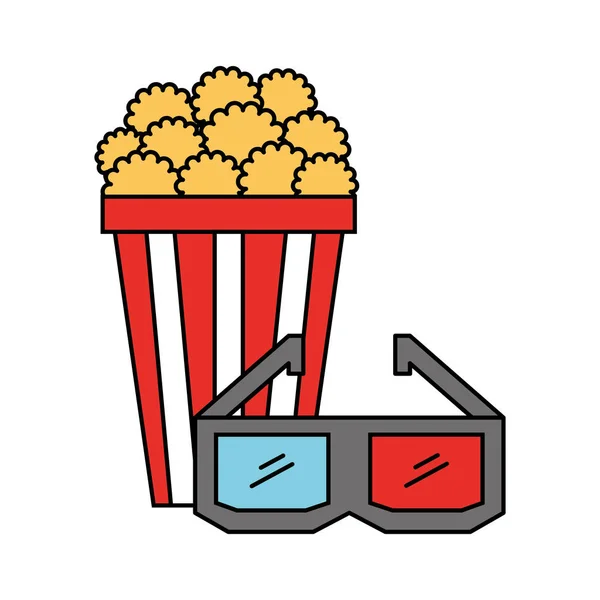 Palomitas de maíz y gafas 3d película de cine — Vector de stock