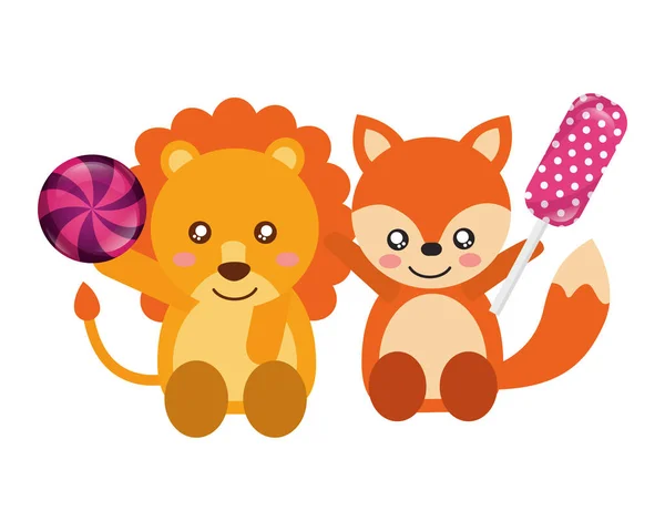 Mignon renard et lion sucette sucrée bonbons — Image vectorielle