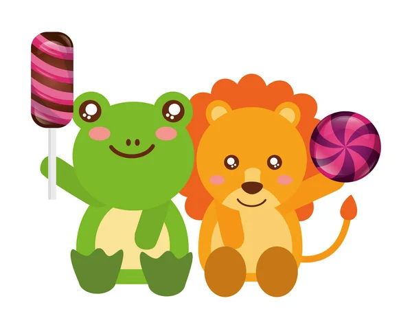 Lion mignon et grenouille avec des bonbons sucrés — Image vectorielle