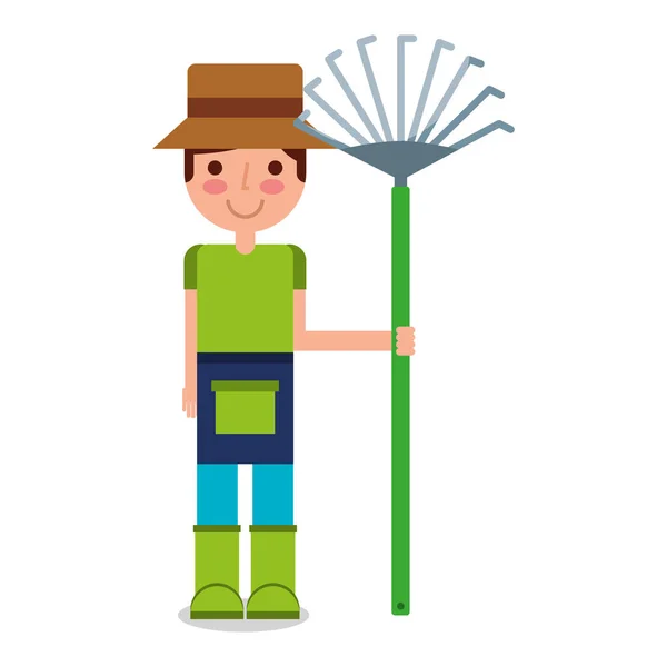 Trädgårdsmästare pojke med rake karaktär — Stock vektor
