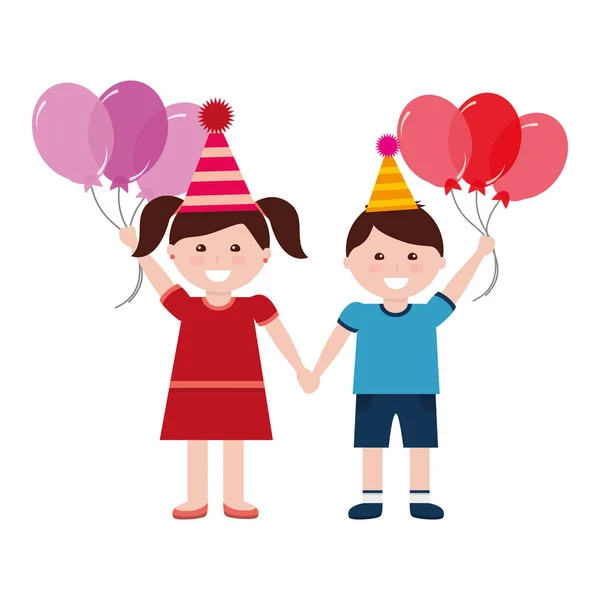 Menino feliz e menina com balões de aniversário — Vetor de Stock