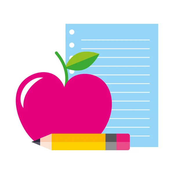 Papel manzana y lápiz suministros escuela — Archivo Imágenes Vectoriales