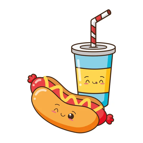 Kawaii dessin animé hot dog soda — Image vectorielle