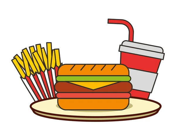 Hamburger patatine fritte e soda con paglia fast food — Vettoriale Stock