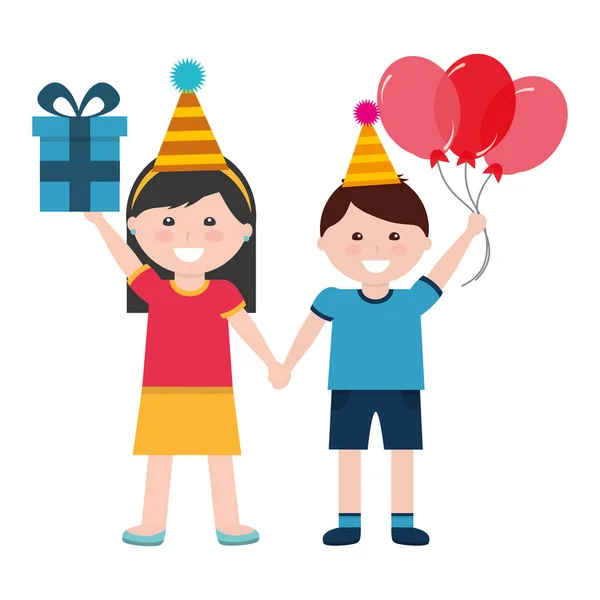 Lindo chico y chica con regalo de cumpleaños y globos — Archivo Imágenes Vectoriales