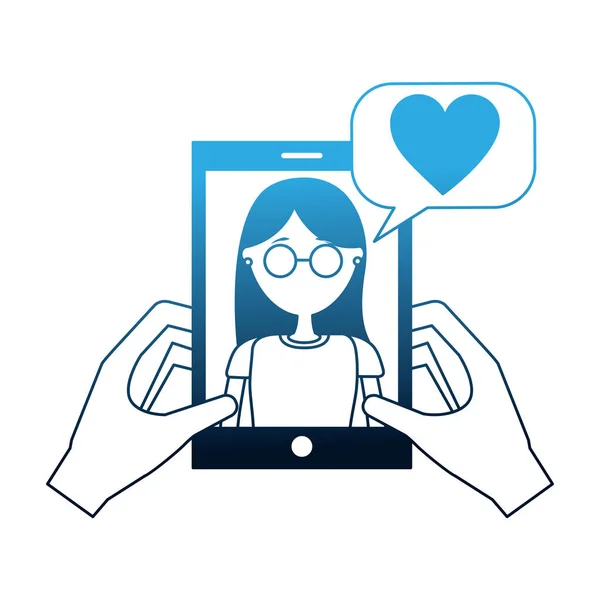 Ruce držící telefon se ženou, která mluví láskou — Stockový vektor