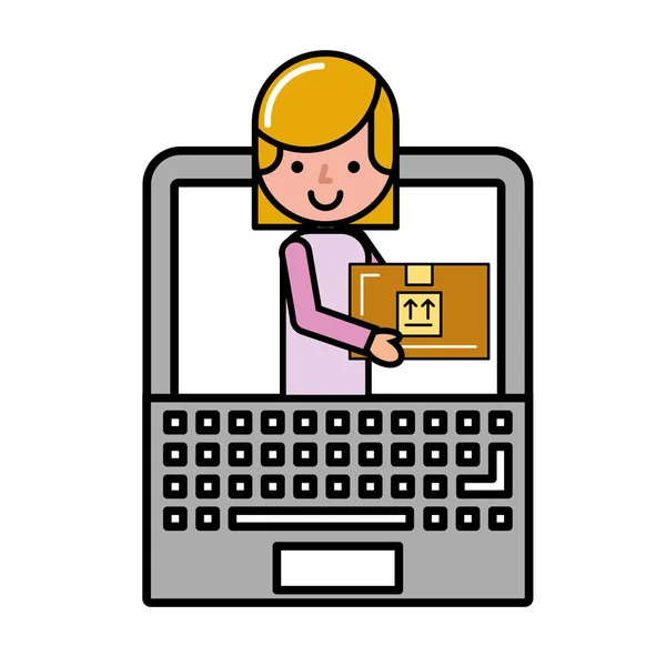 Mulher cliente no pacote laptop compras on-line — Vetor de Stock
