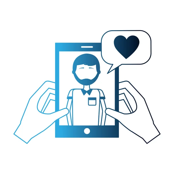 Kezek-val smartphone ember beszél buborék szerelem szív — Stock Vector
