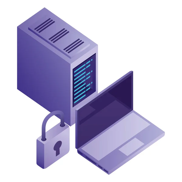 Computer portatile con lucchetto e icona isometrica dei dati del server — Vettoriale Stock