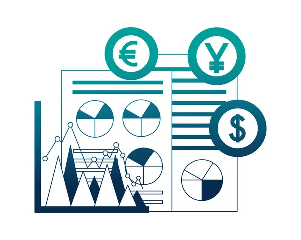 Dollar euro and yen business with documents — Stock Vector